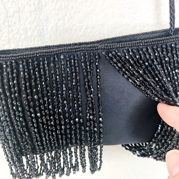 La Regale Bead Fringe Satin Black Evening Purse 7” x 4” - Picture 3 of 7